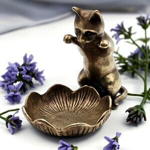 VTG SPI San Francisco Brass Cat Kitty Lotus Flower Trinket Dish Candle Holder